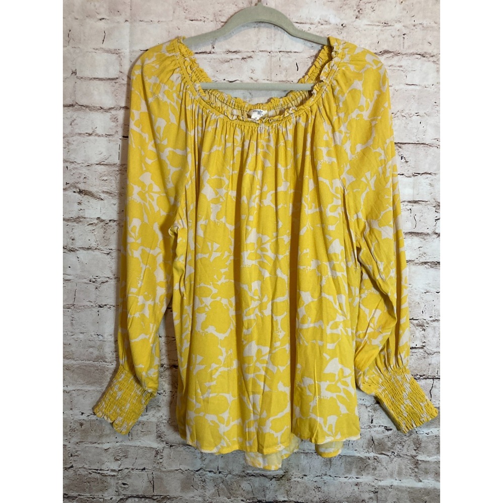Terra & Sky Boho Top Womens 1X‎ Bright Yellow Floral Off The Shoulder Flowy Plus